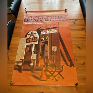 VINTAGE LOS ANGELES TRAVEL POSTER UNITED AIRLINES 1970 WESTERN MOVIE SET MCM
